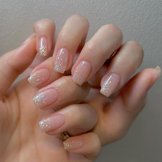 Stardust Glow Short Square Beige Press On Nails with Holographic Glitter Tips