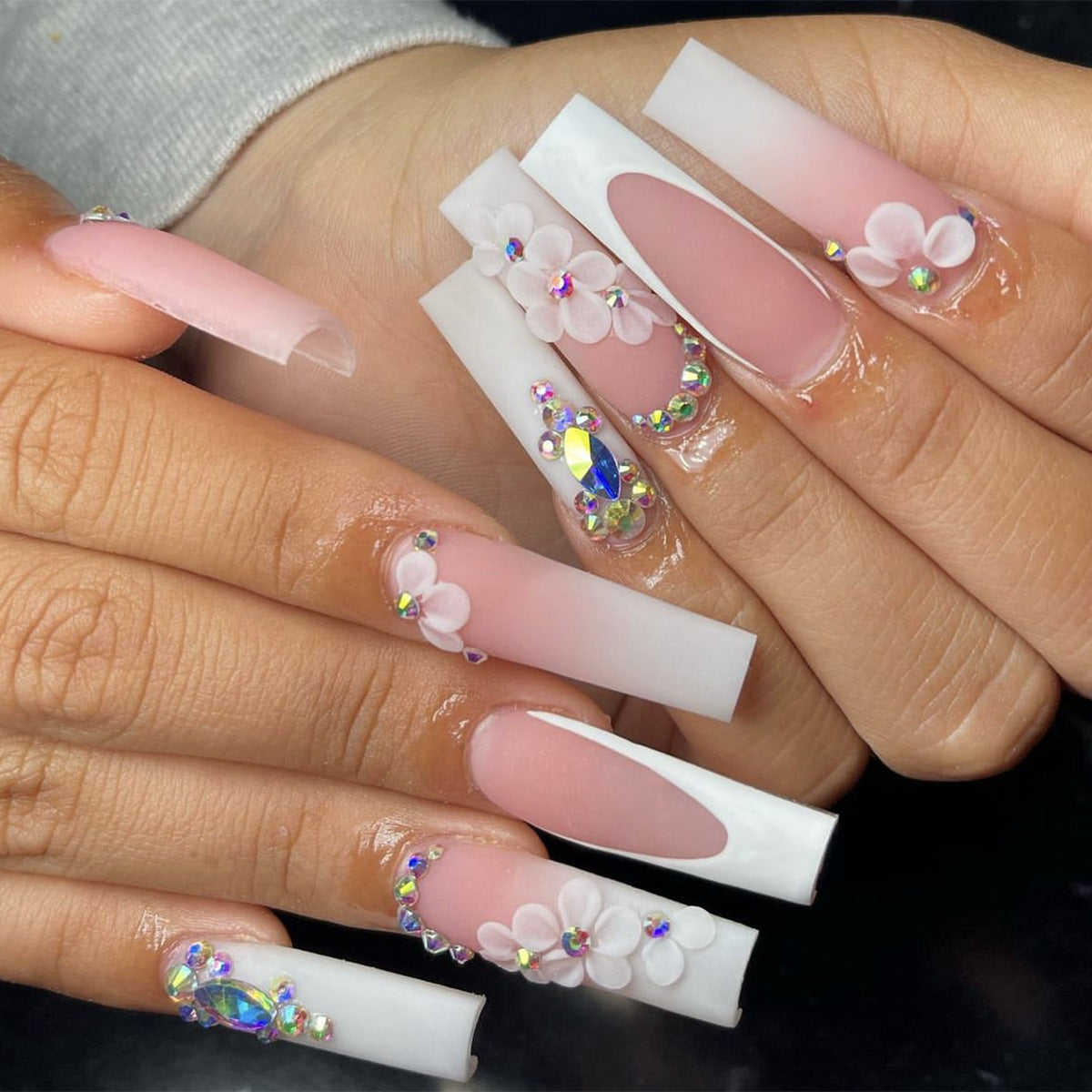 Spring Blossom Long Square Press-On Nails with Pastel Pink Ombre and Floral Crystal Accents