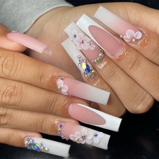 Spring Blossom Long Square Press-On Nails with Pastel Pink Ombre and Floral Crystal Accents