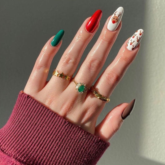 Festive Joy Long Almond Multicolor Press On Nail Set with Reindeer and Snowflake Designs