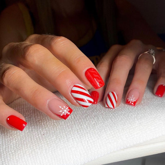 Candy Cane Kisses Medium Length Square Press On Nails in Classic Red with Striped Accents and Snowflake Art