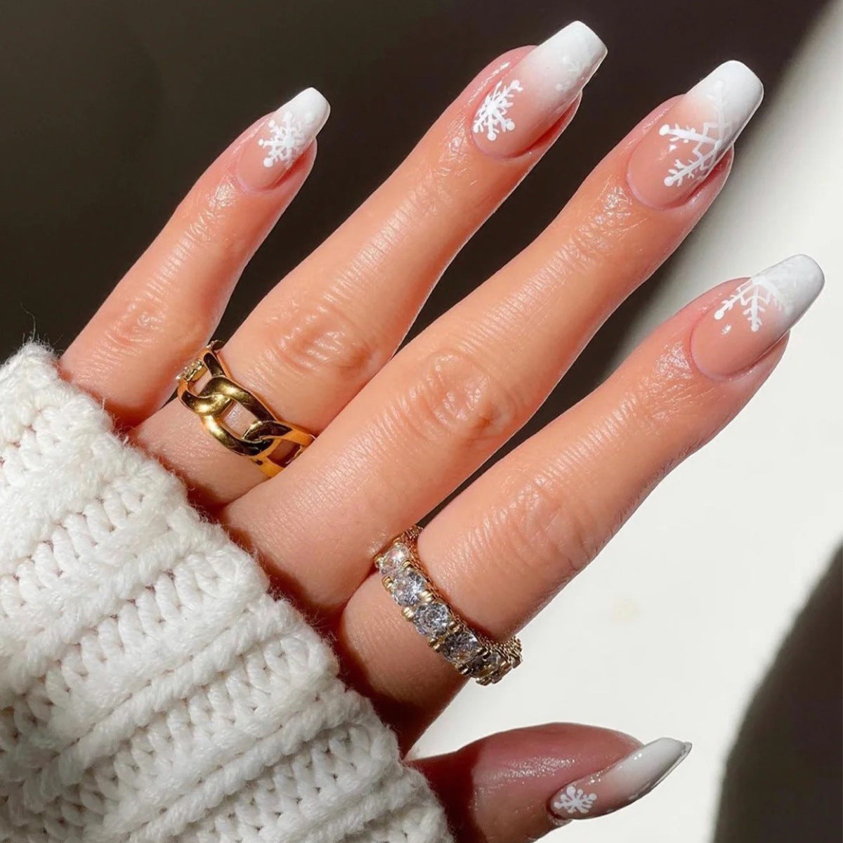 Winter Wonderland Medium Coffin White Ombre Press On Nail Set with Snowflake Accents