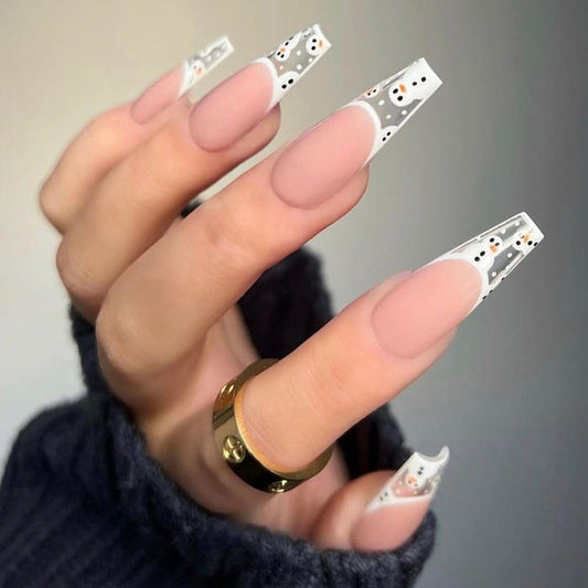 Whimsical Winter Long Coffin Translucent Press On Nail Set with Delicate Snowflake Design