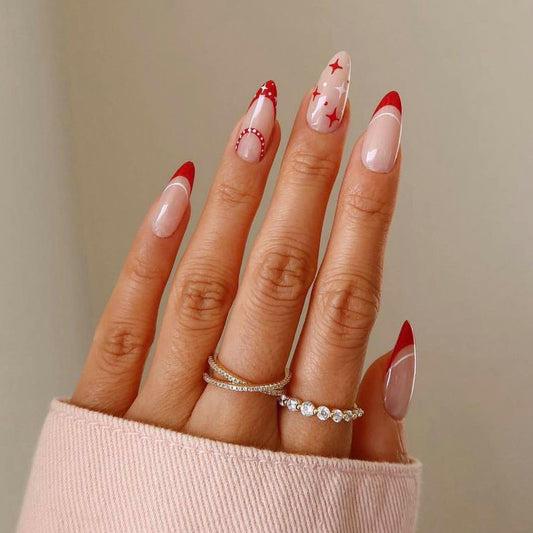 Valentine Elegance Long Almond Beige and Red Press On Nail Set with Heart Accents