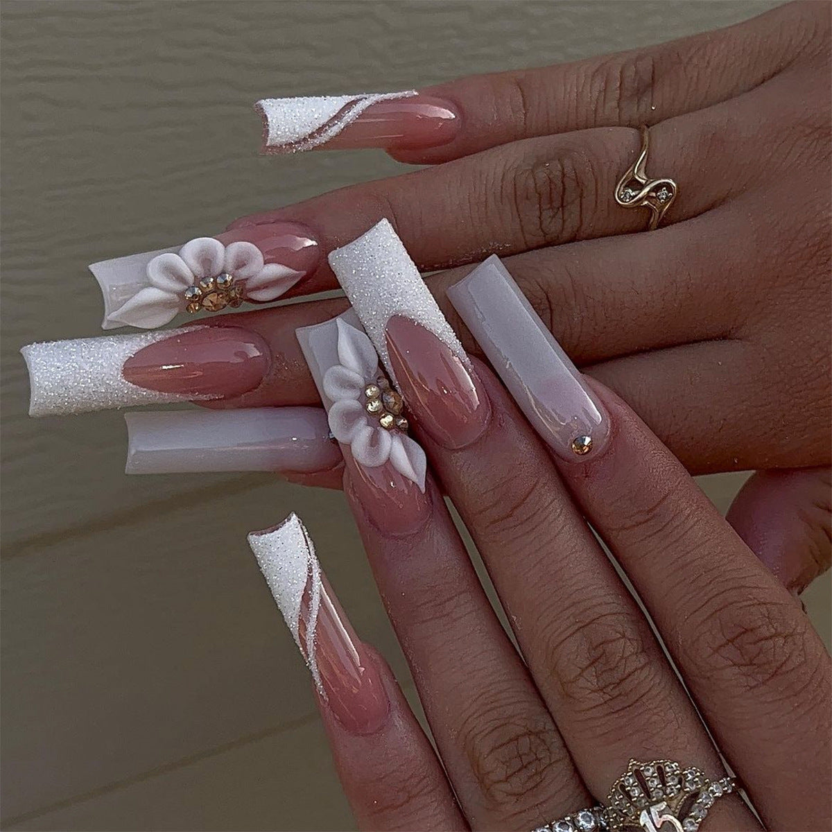 Elegant Bridal Long Square Pink Glitter Fade Press-On Nails with 3D Floral Accents and Rhinestone Embellishments