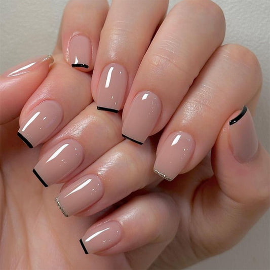 Modern Edge Medium Square Press-On Nail Set in Beige with Black Accents and Rhinestone Detail