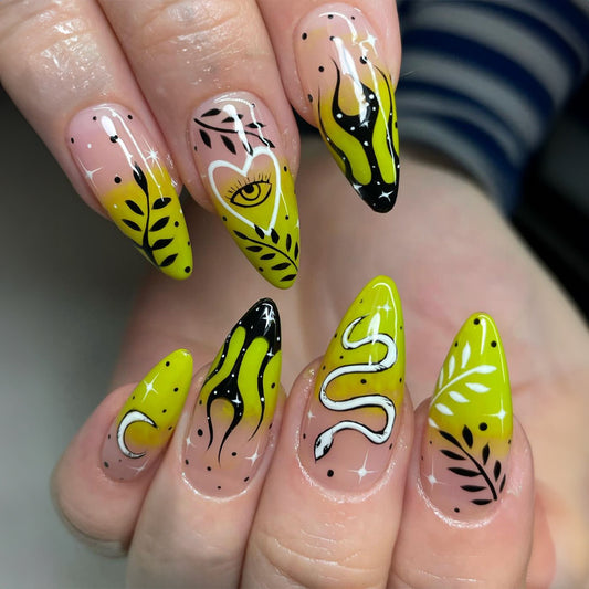 Safari Adventure Medium Almond Yellow and Black Press On Nail Set with Animal Prints and Eye Design