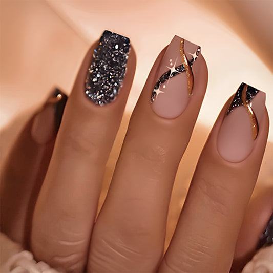 Midnight Elegance Medium Coffin Black and Beige Press On Nails with Gold Swirls and Glitter Accents