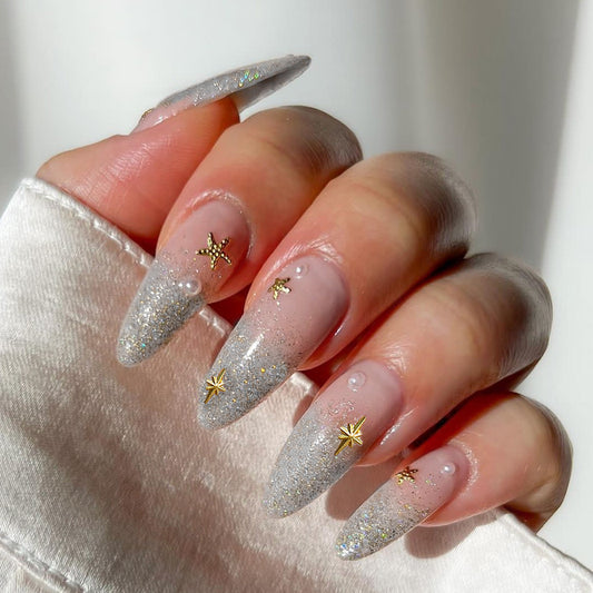 Stardust Elegance Extra Long Almond Sheer Glitter Press-on Nails with Delicate Star Appliques