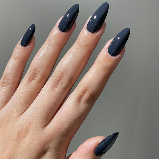 Midnight Mystery Long Almond Deep Navy Press On Nail Set with High Gloss Finish