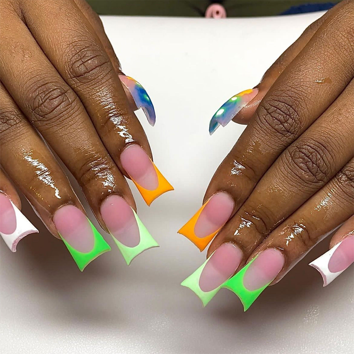 Neon Glow Extra Long Duck Press On Nail Set with Neon French Tips and Iridescent Accents