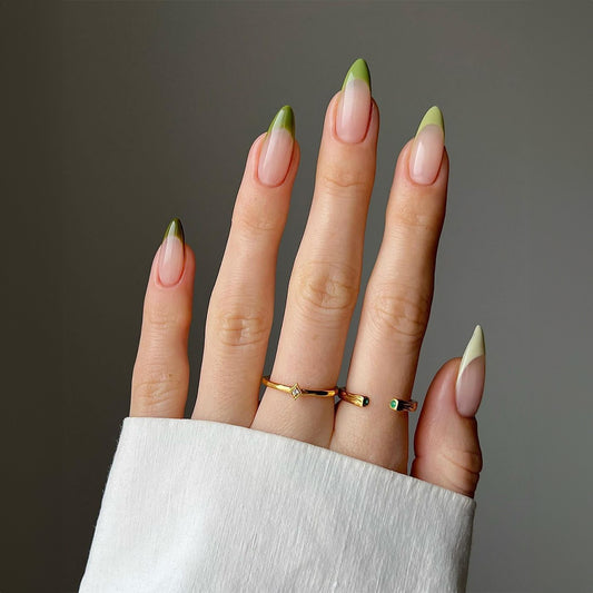 Modern Olive Long Almond Press On Nail Set with Beige Base and French Tips