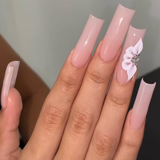 Elegant Affair Long Square Baby Pink Press-on Nails with 3D Floral Accent