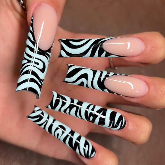 Safari Elegance Extra Long Square Beige Press On Nails with Black Zebra Print Design