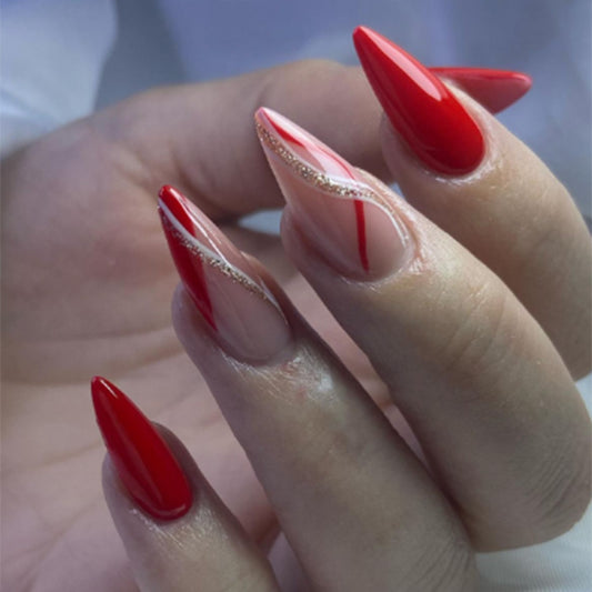 Seductive Long Almond Red Press On Nails with Gold Glitter Detailing