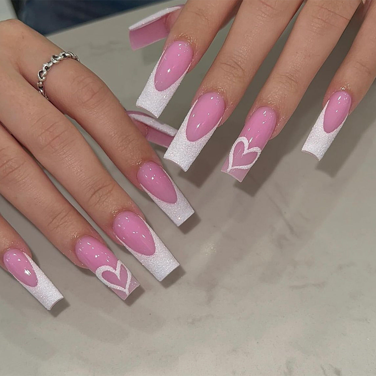 Romantic Rendezvous Long Coffin Soft Pink Press On Nails with White Accents and Heart Detailing