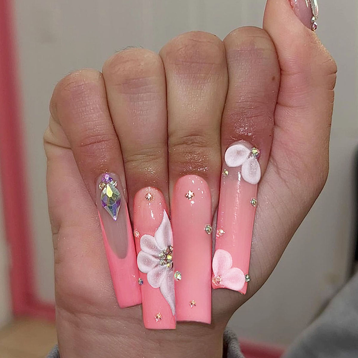 Fairy Tale Extra Long Square Blush Pink Nails with 3D Floral Art and Rhinestone Embellishments