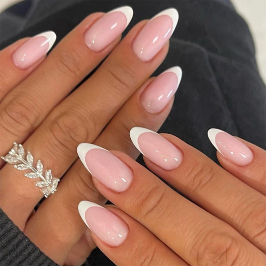 Elegant Long Oval Baby Pink Press On Nails with Classic White Tips