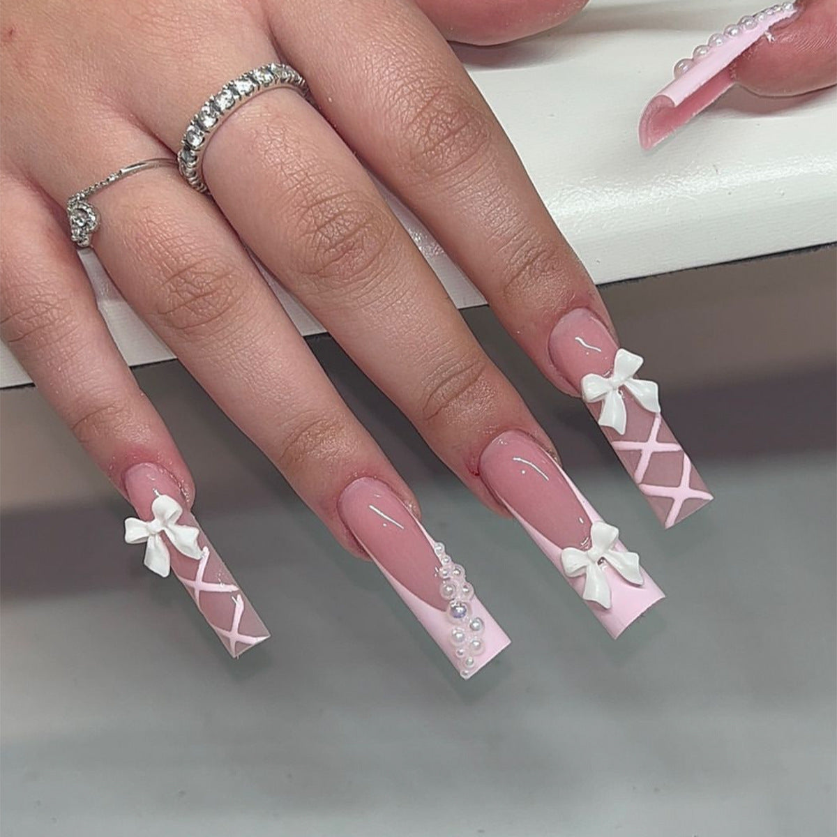 Sweet Romance Long Coffin Baby Pink Press On Nails with 3D Bow Accents