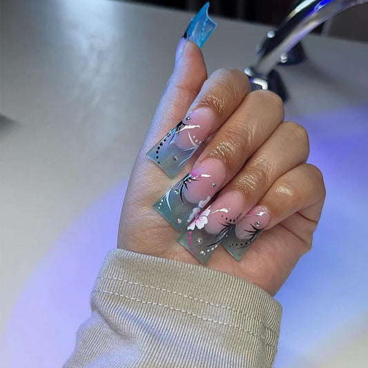 Sakura Serenity Extra Long Duck Press On Nails in Gradient Blue with Cherry Blossom Art and Rhinestones