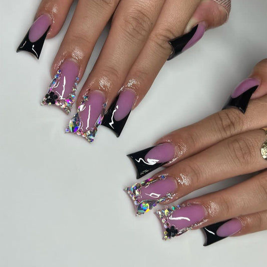 Mystic Nightfall Extra Long Duck Press On Nail Set, Lavender Purple with Black Accents and Holographic Rhinestones