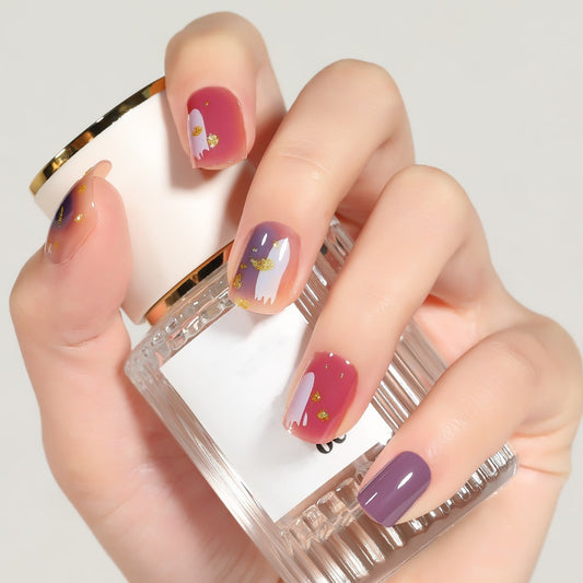 Autumn Harvest Medium Squoval Press On Nail Set in Maroon and Lavender with Gold Flakes and Floral Accents