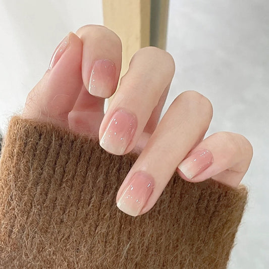 Autumn Glow Short Square Natural Pink Press On Nail Set with Subtle Sparkle Accents