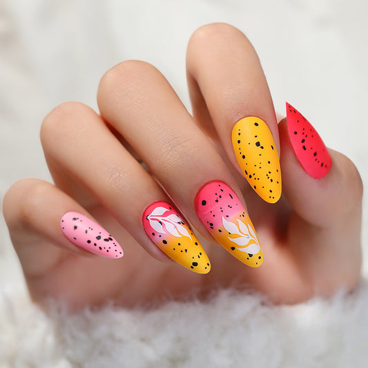 Tropical Fruit Punch Long Almond Pink Yellow Red Gradient Press On Nails with Black Speckles and Flamingo Accent