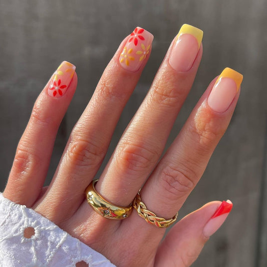 Sunset Bloom Medium Length Square Ombre Press On Nails with Floral Accents