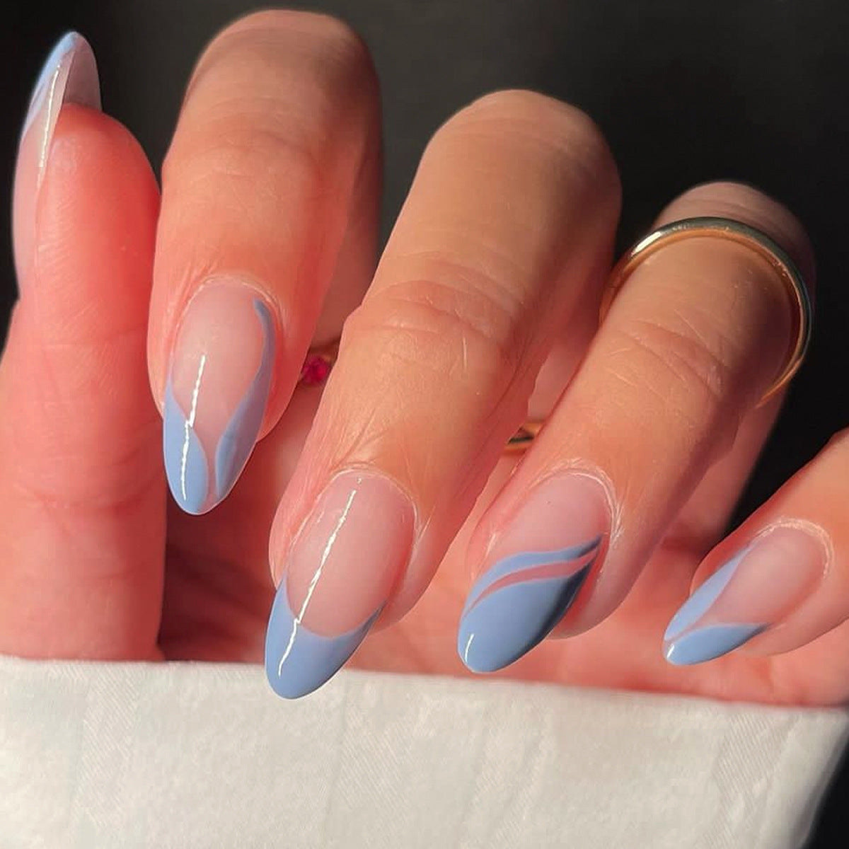 Serenity Flow Medium Almond Sky Blue Press On Nail Set with Abstract Wave Design