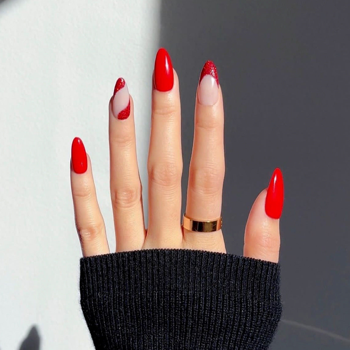 Passionate Red Long Almond Press On Nails with Glitter and Swirl Accents