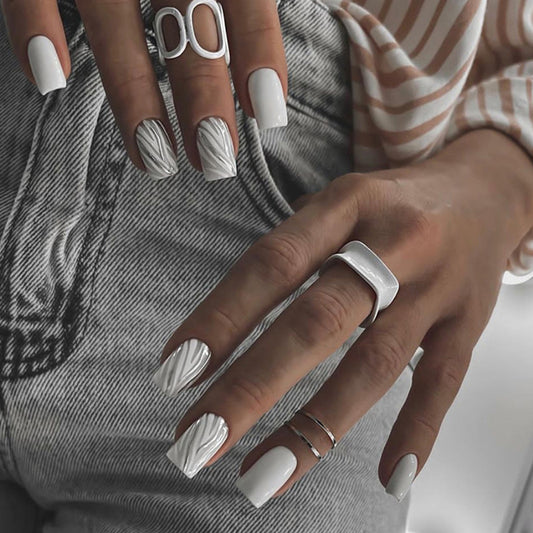 Monochrome Elegance Short Square White Press On Nail Set with Metallic Silver Marble Accents