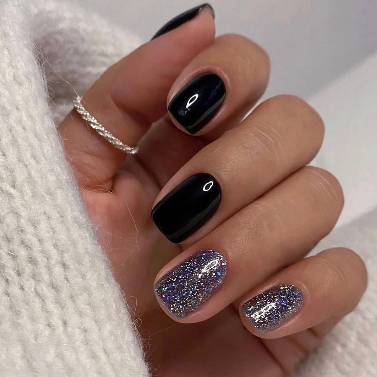 Midnight Sparkle Medium Square Black and Glitter Accent Press On Nails