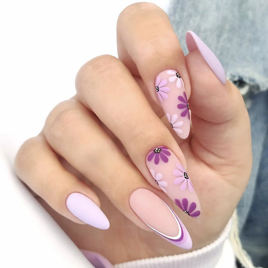 Spring Blossom Long Almond Lavender Press On Nails with Floral Pattern and Rhinestone Accents