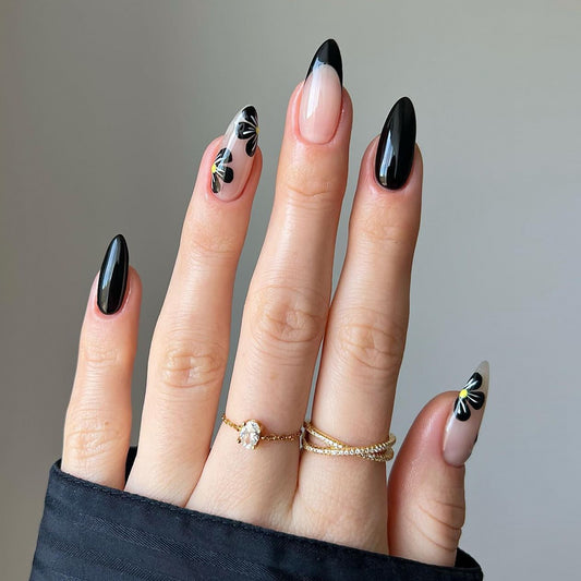 Sophisticated Noir Medium Almond Black and Beige Press On Nails with Abstract Art Accents