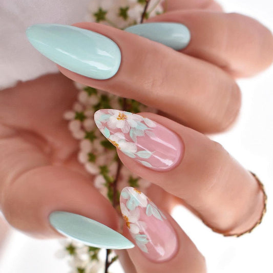 Spring Blossom Long Almond Mint Green and Pink Press On Nails with Hand-Painted Floral Art