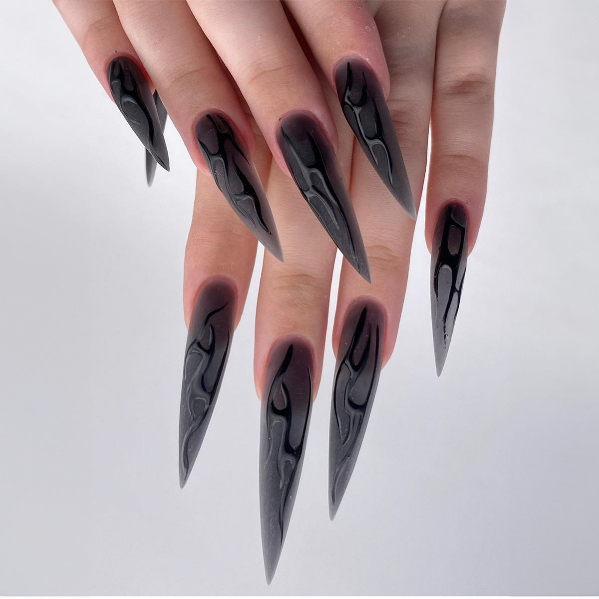 Mysterious Extra Long Stiletto Charcoal Press-On Nails with Smoke Effect Design