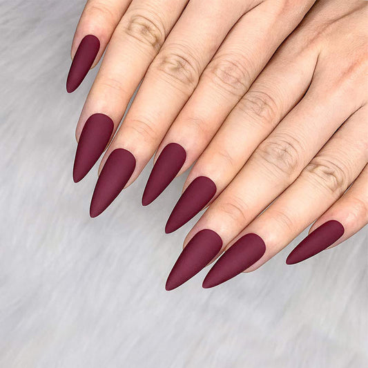 Velvet Matte Burgundy Long Almond Press On Nail Set for Elegant Evening Wear