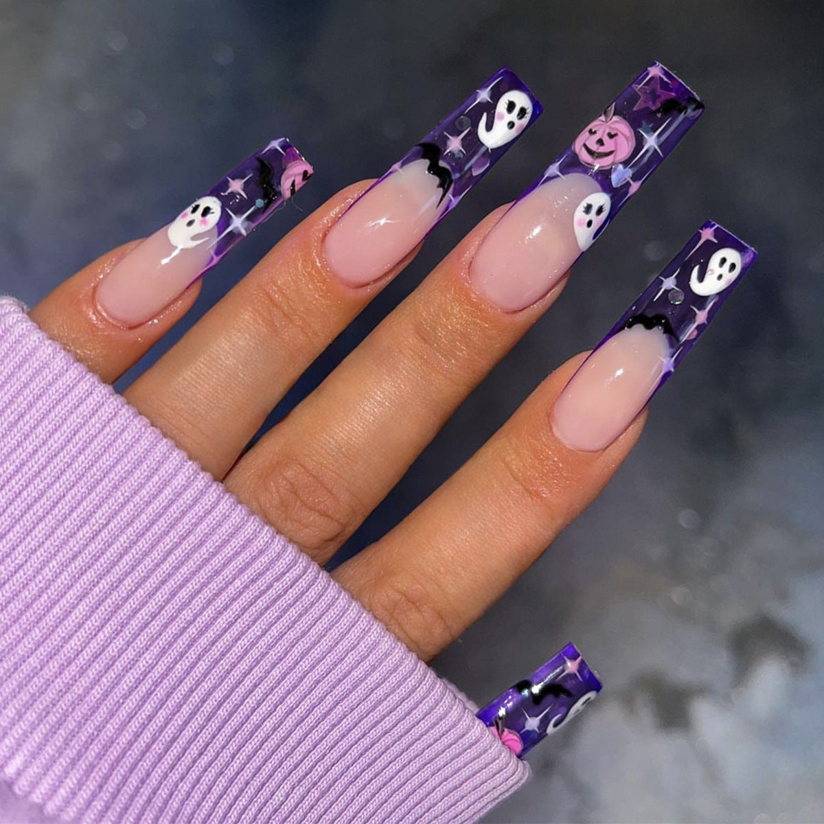 Spooky Chic: Extra Long Coffin Pastel Pink Press-On Nails with Halloween Ghost and Bat Accents