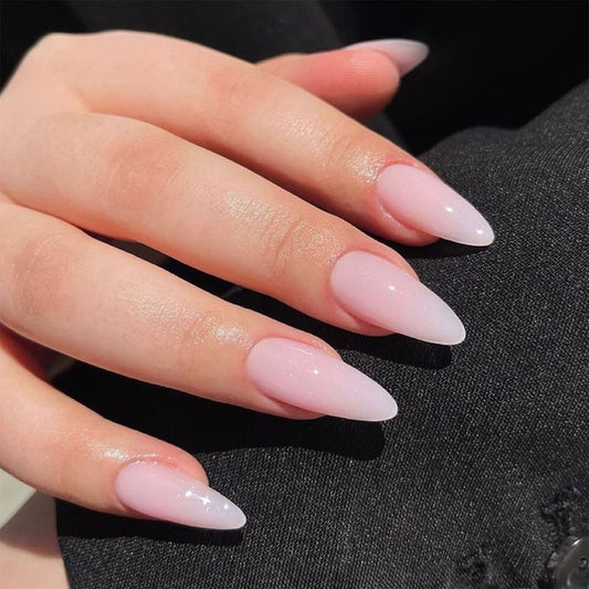 Urban Elegance: Long Almond Soft Pink Press-On Nails with Subtle Shimmer Finish