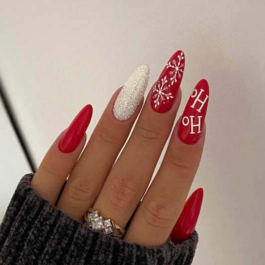 Festive Cheer Long Almond Red Press On Nails with Snowflake Art and Glitter Accent