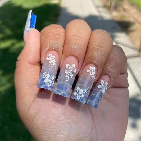 Winter Whisper Extra Long Square Translucent Blue Press On Nails with White Floral Art