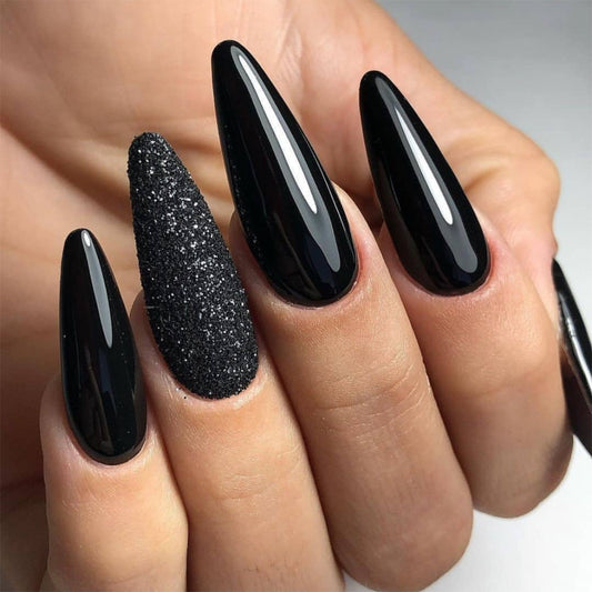 Noir Velvet Extra Long Stiletto Jet Black Press On Nails with Textured Sparkle Accent Nail