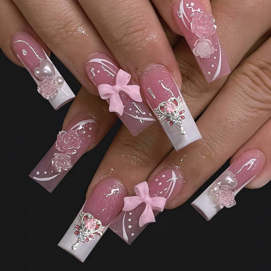 Romantic Charm Extra Long Square Pink and White Press-on Nails with 3D Rose and Bow Accents