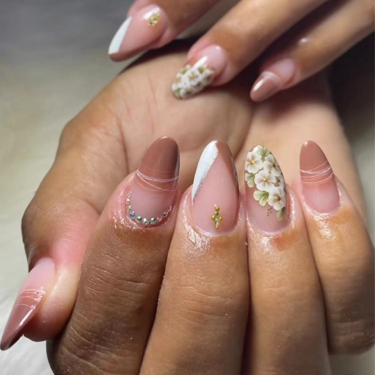 Floating Flowers Short Almond Brown Fall Press On Nails