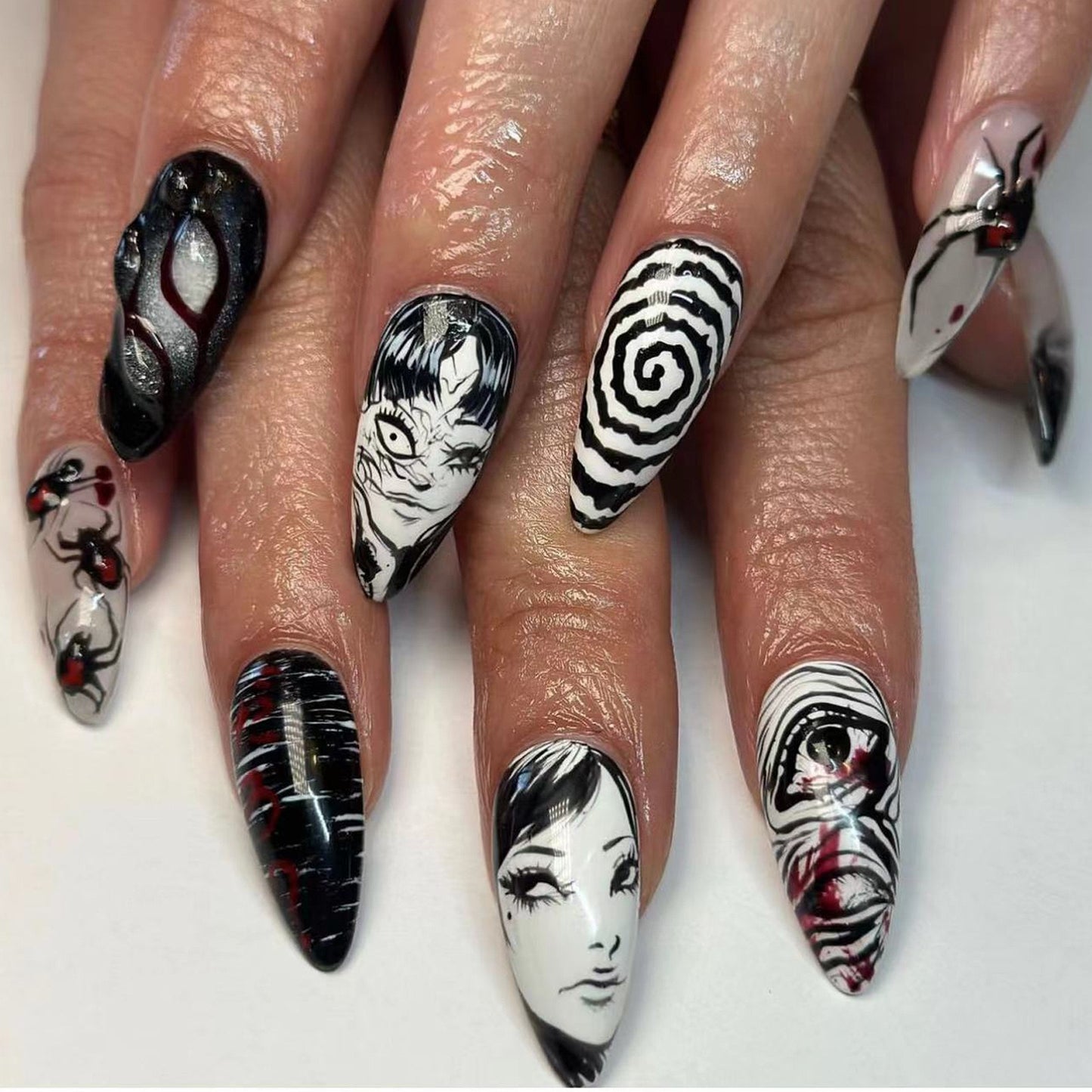 Whimsical Noir Long Almond Black and White Press-On Nails with Artistic Character Designs