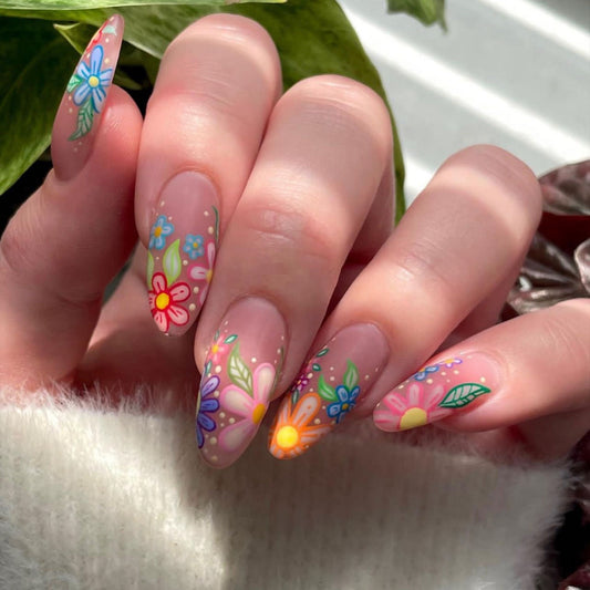 Garden Party Medium Oval Press On Nail Set Clear Base with Multicolor Floral Design