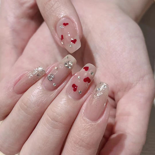 Glitter Love Diamond Long Coffin Red Hearts Press On Nails