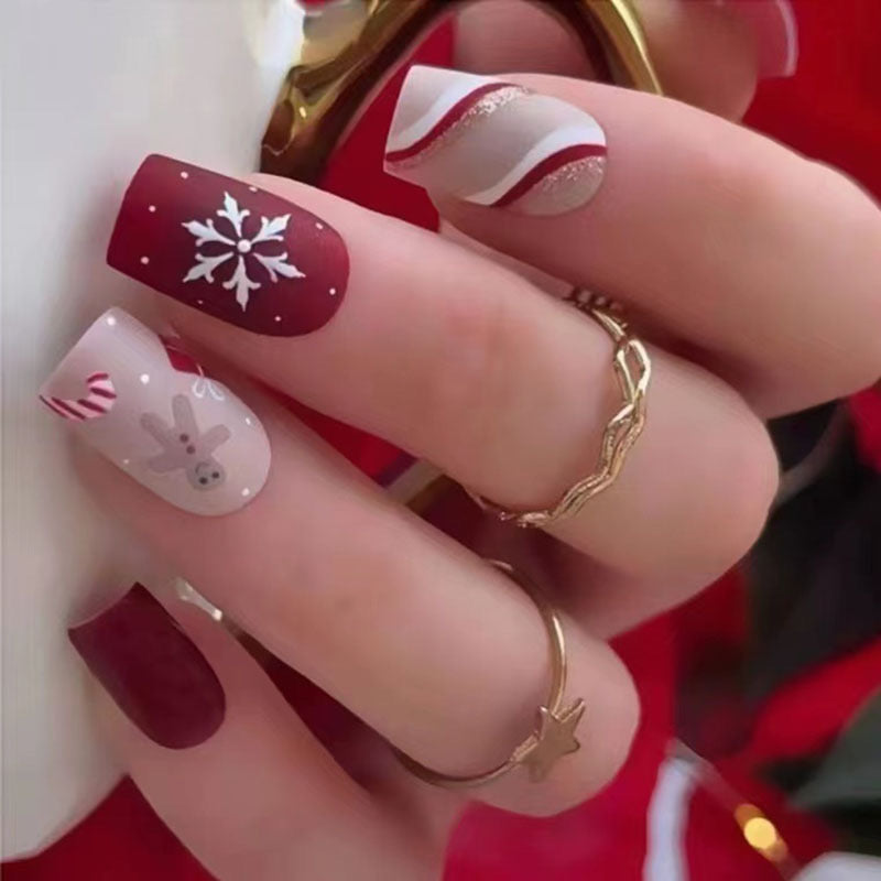 Winter Wonderland Medium Square Maroon and White Press-On Nails with Snowflake and Reindeer Designs