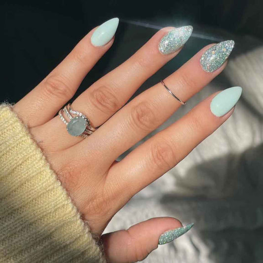 Winter Sparkle Short Almond Icy Blue Glitter Accent Press On Nail Set